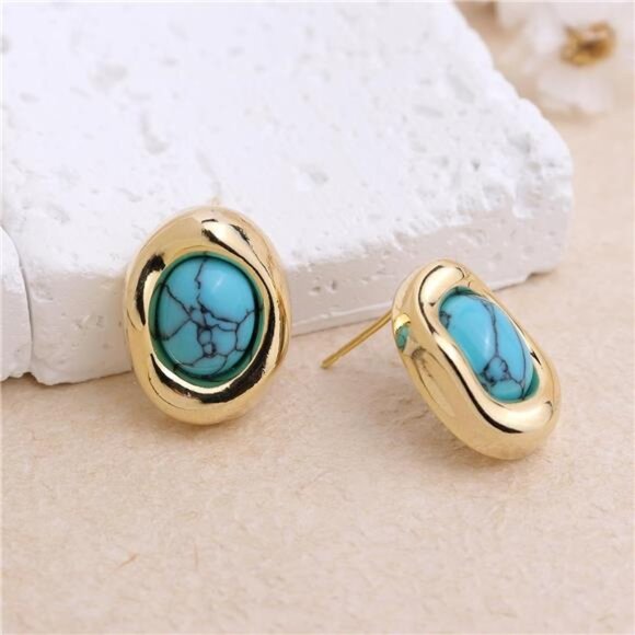 โจ Vintage Turquoise Stud Earrings | 14K Gold Plated Retro Bazel Design โจ - Picture 4 of 5